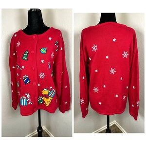 Disney Pooh And Piglet Red Christmas Cardigan Size Medium Ugly Christmas Sweater